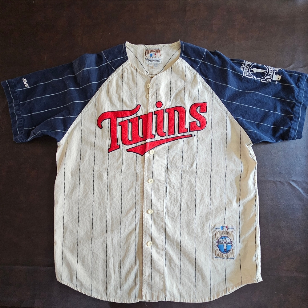 Minnesota Twins Men's Baseball Jersey- Beige, Red, Blue - Cooperstown Collection